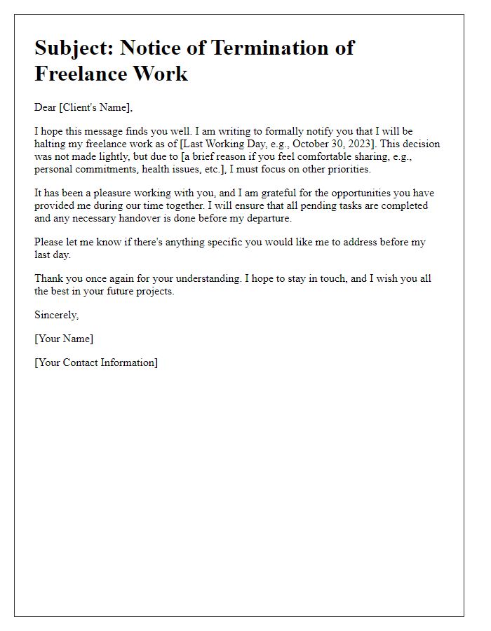 Letter template of halting freelance work