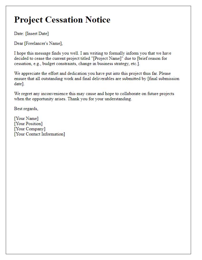 Letter template of project cessation for freelancers