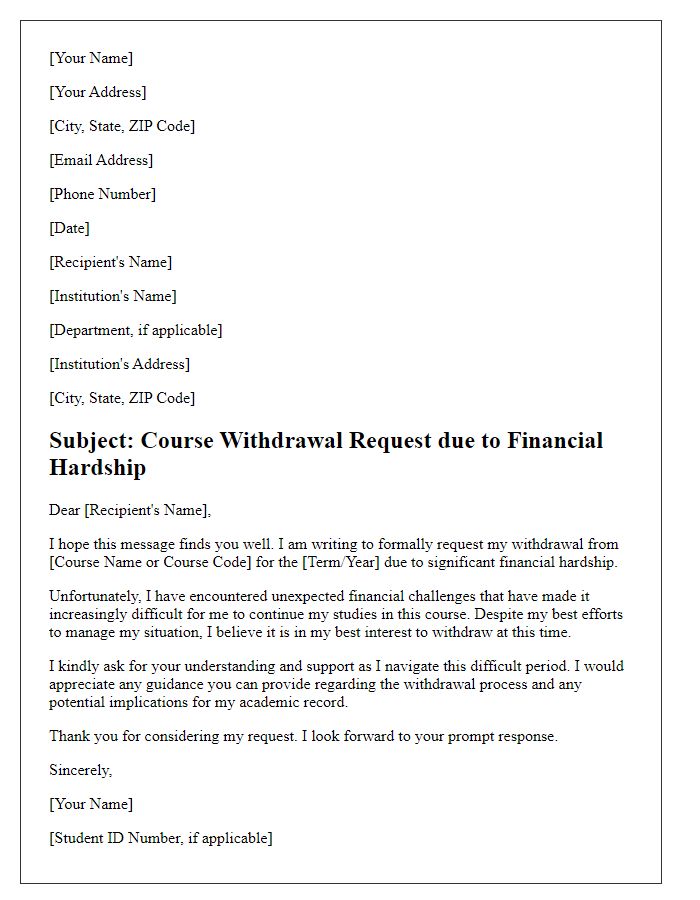 Letter template of course withdrawal for financial hardship reasons.