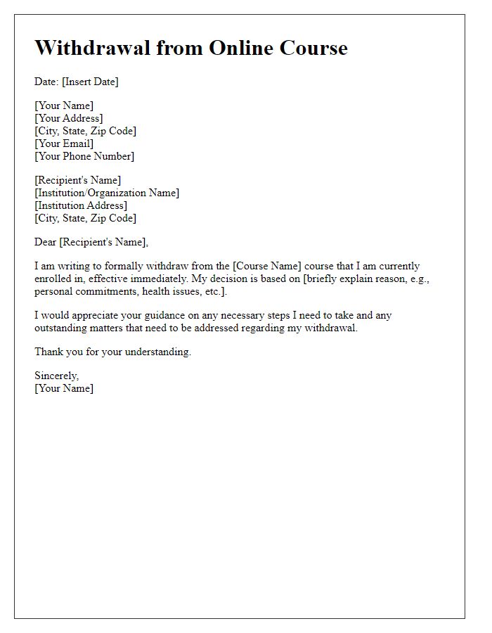 Letter template of withdrawal from online course format.