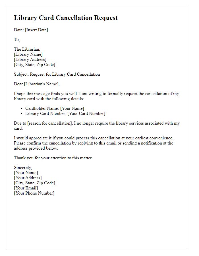 Letter template of library card cancellation request