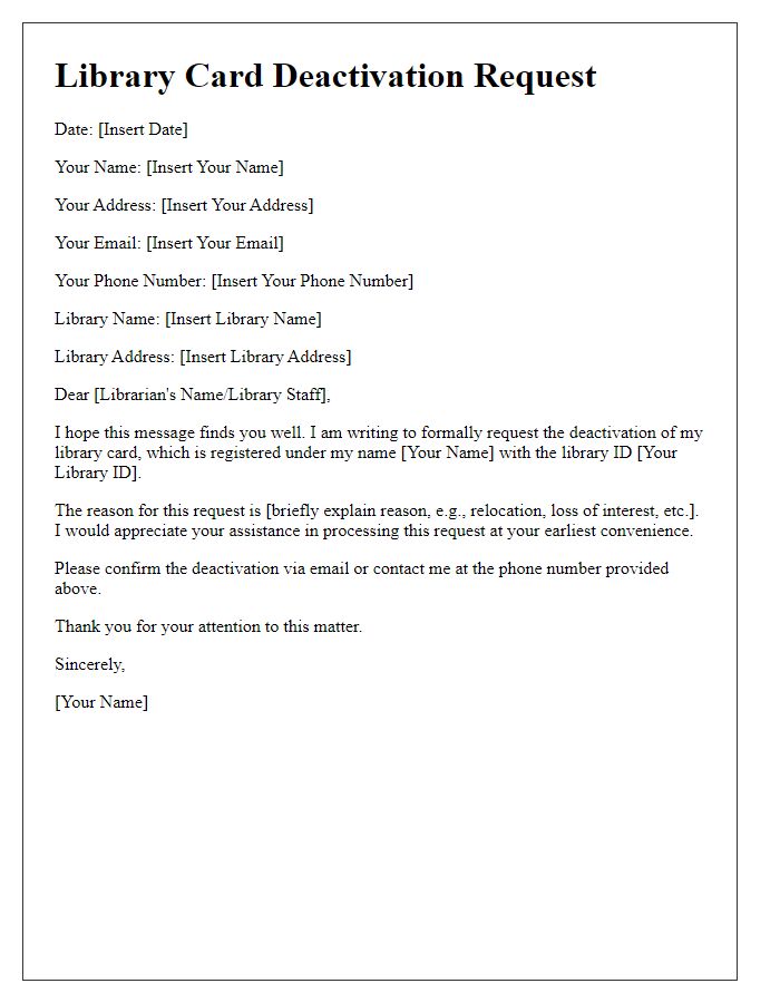 Letter template of library card deactivation request