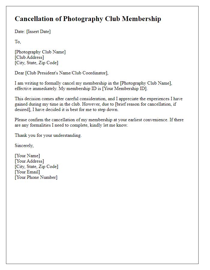 Letter template of cancellation letter for photography club membership.