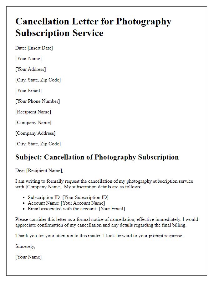 Letter template of cancellation for photography subscription service.