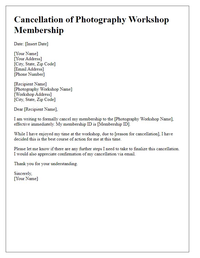 Letter template of cancellation for photography workshop membership.