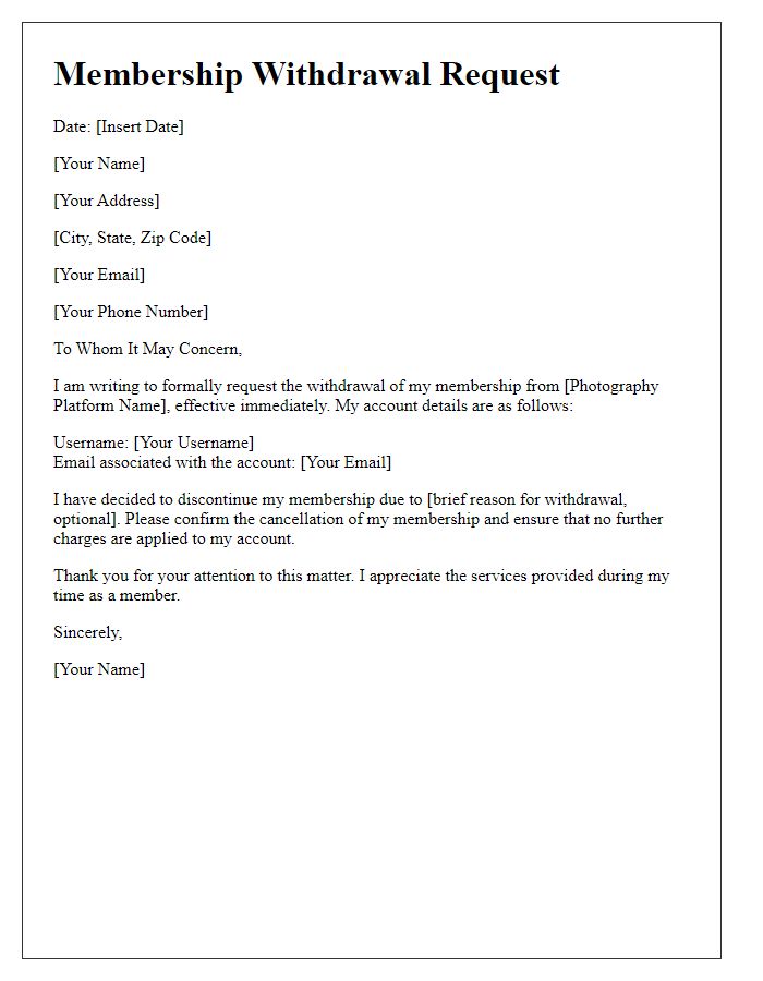 Letter template of membership withdrawal for photography platform.