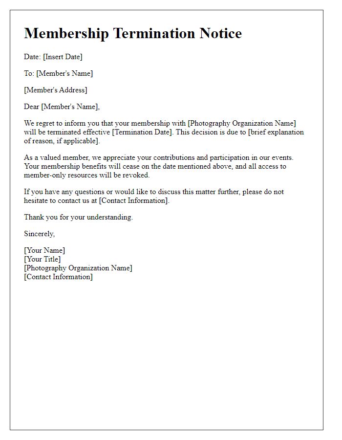 Letter template of photography membership termination notice.