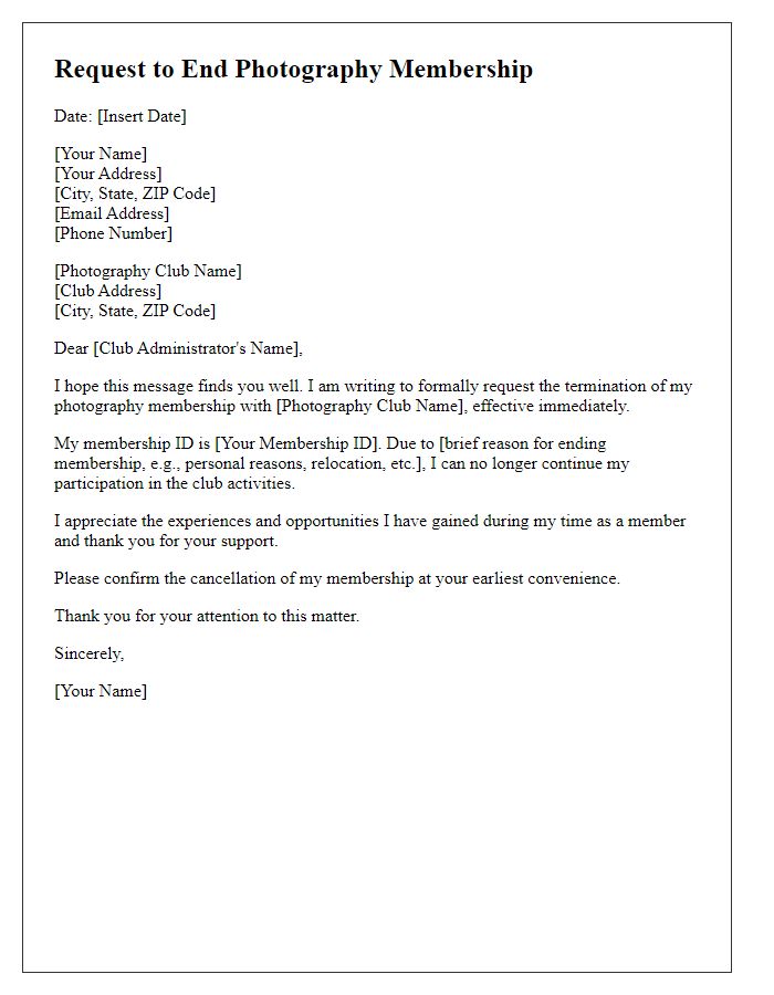 Letter template of request to end photography membership.