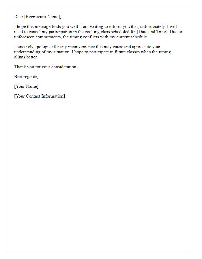 Letter template of cooking class cancellation because of unsuitable timing