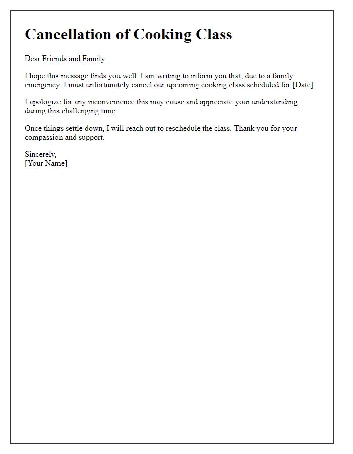 Letter template of cooking class cancellation for family emergencies