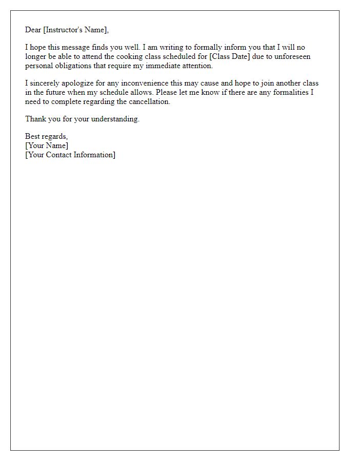 Letter template of cooking class cancellation for other personal obligations