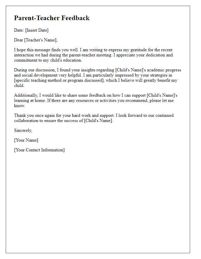 Letter template of feedback from parent-teacher interactions