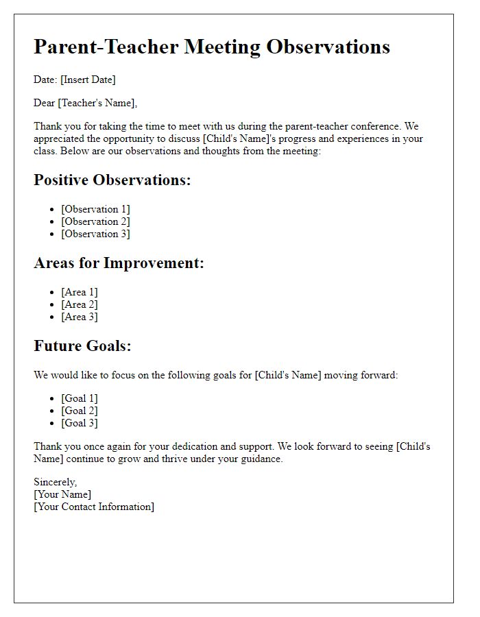 Letter template of observations from parent-teacher meeting