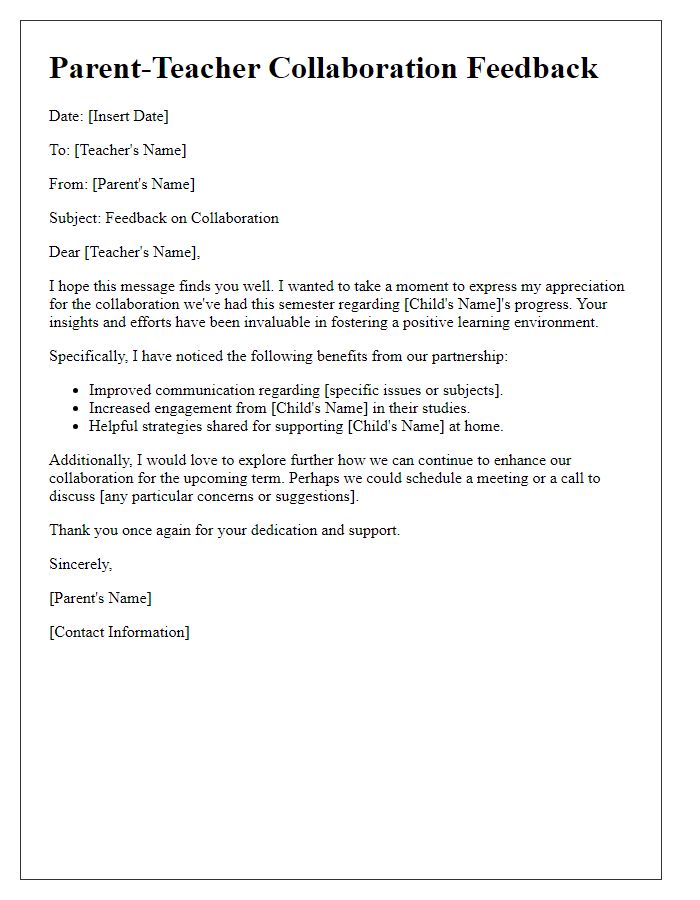 Letter template of parent-teacher collaboration feedback