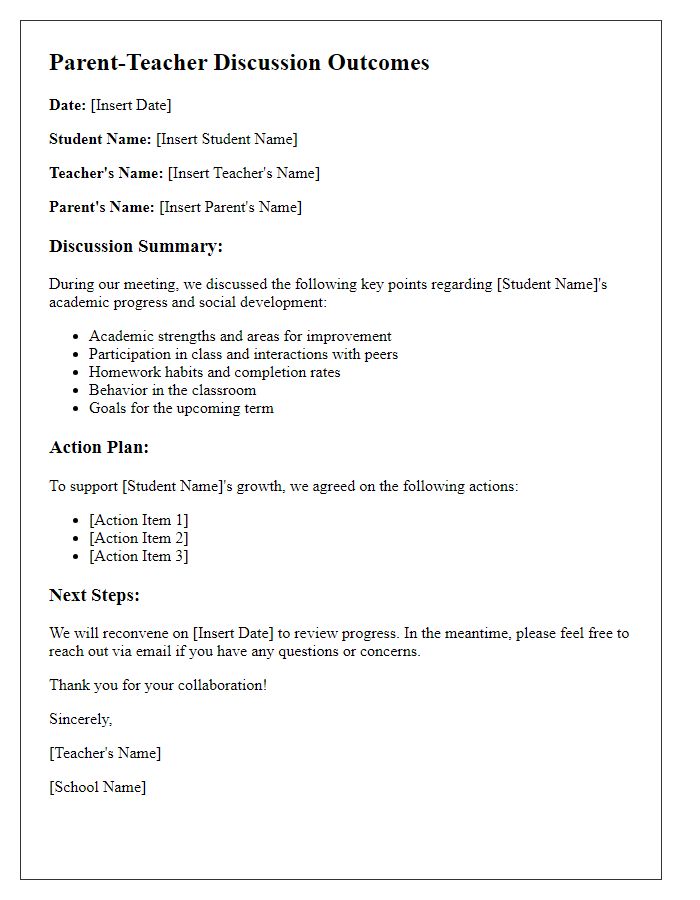 Letter template of parent-teacher discussion outcomes