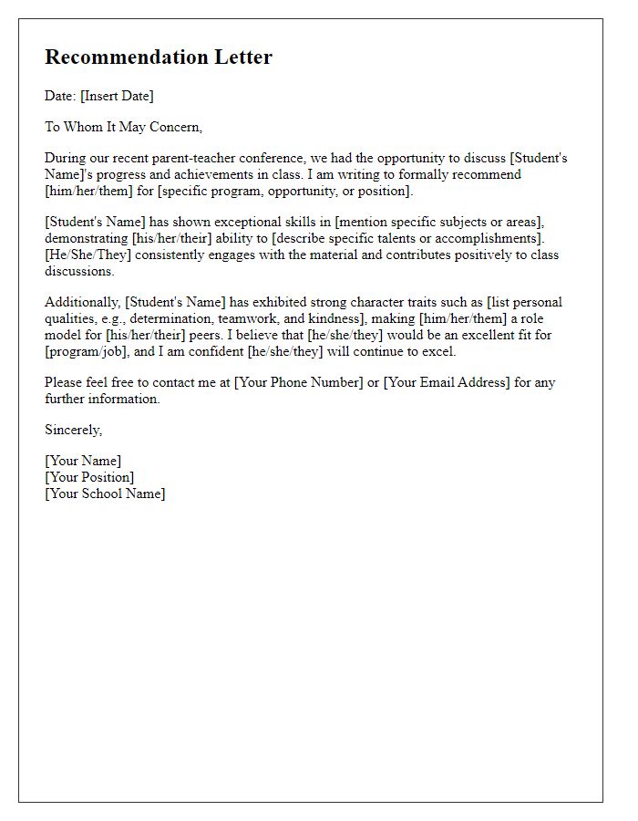 Letter template of recommendations post parent-teacher conference