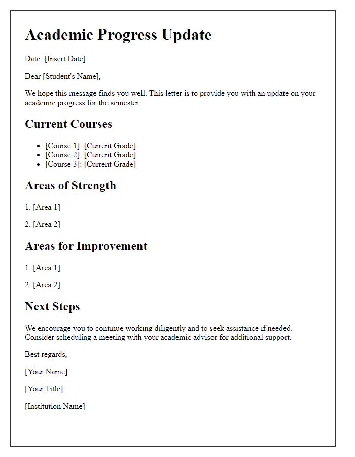 Letter template of Academic Progress Update for Students