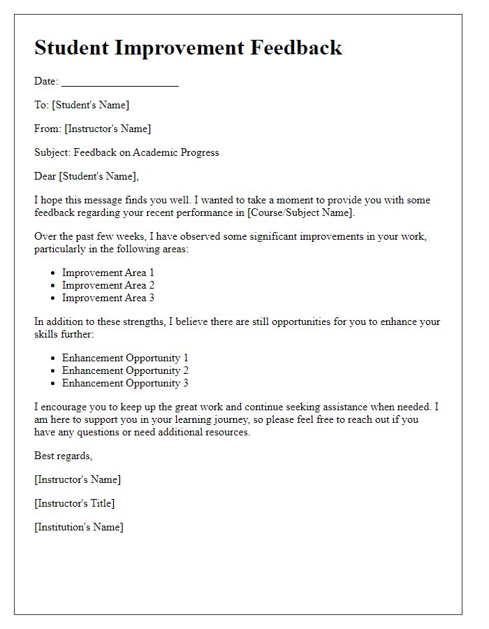 Letter template of Student Improvement Feedback