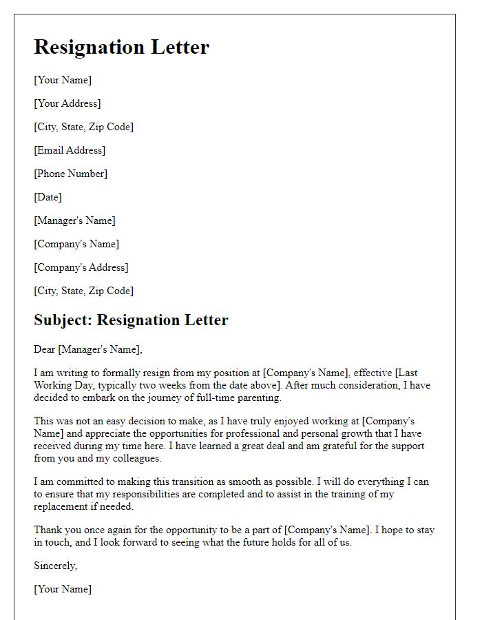 Letter template of resignation to embark on the journey of full-time parenting.