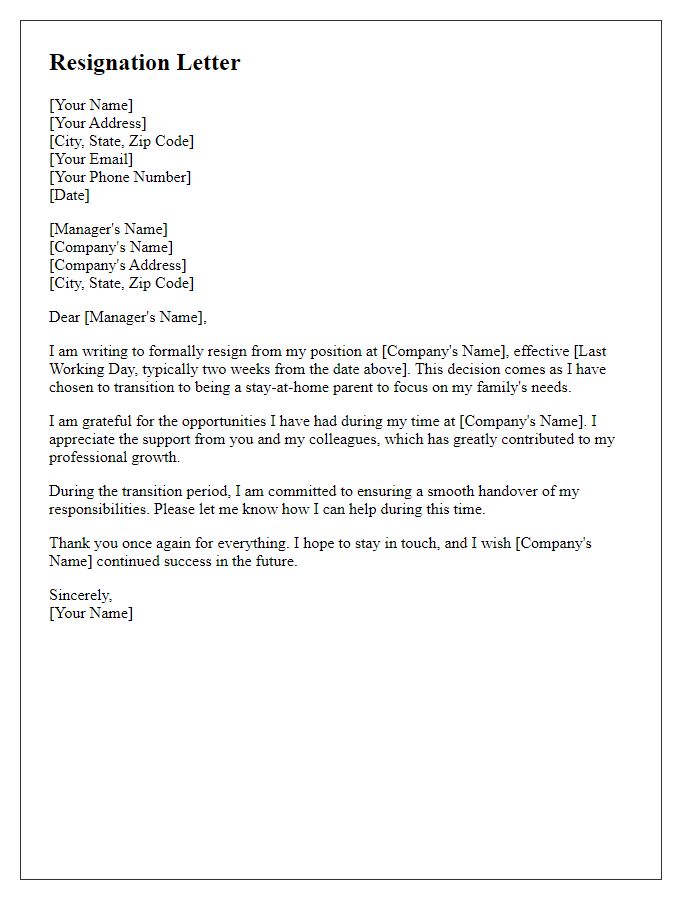 Letter template of resignation for transitioning to stay-at-home parent.