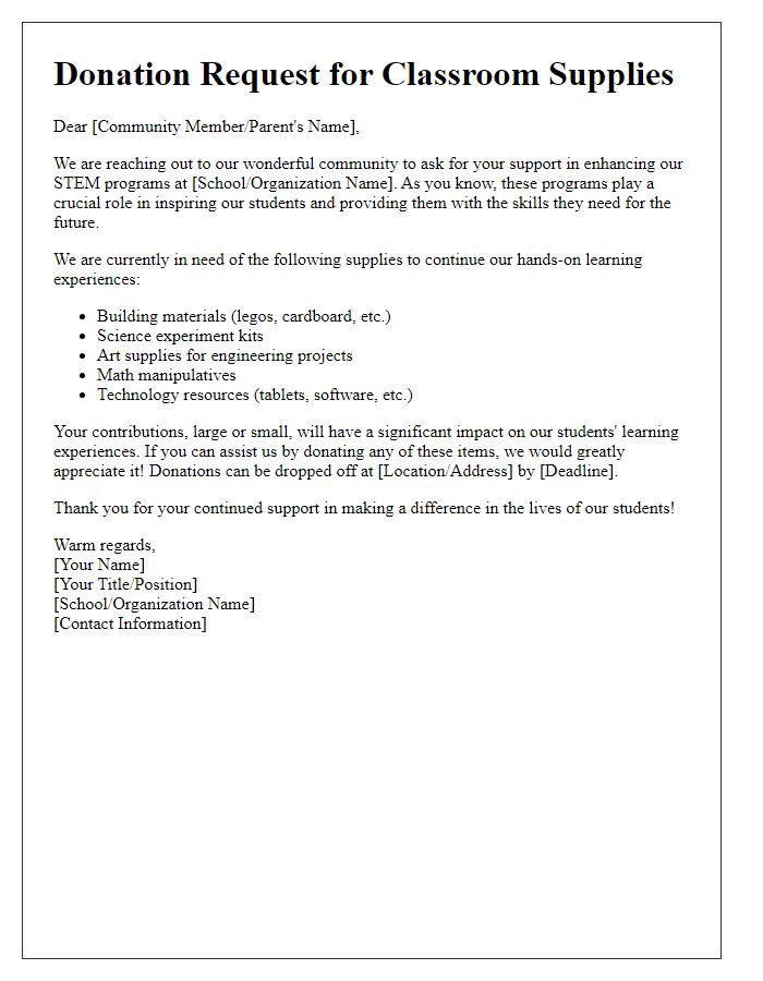 Letter template of community call for classroom supply contributions for STEM programs.