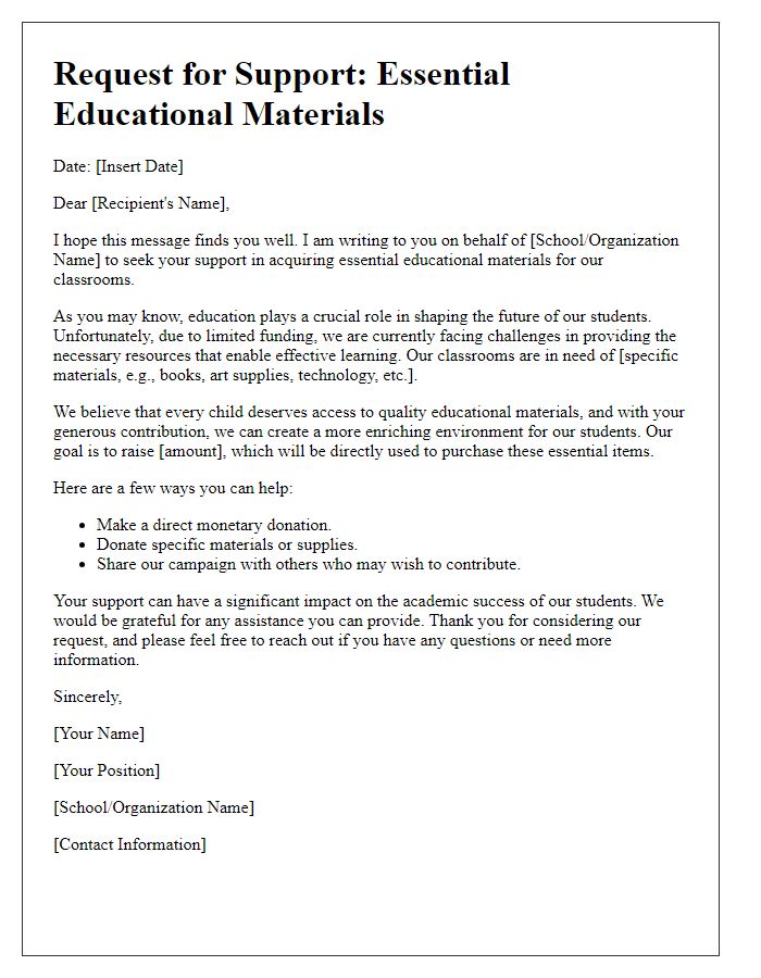 Letter template of fundraising request for essential educational materials for classrooms.