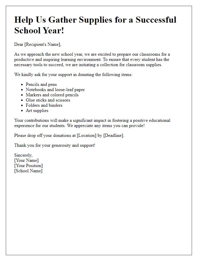 Letter template of initiative for collecting classroom supplies for a new school year.