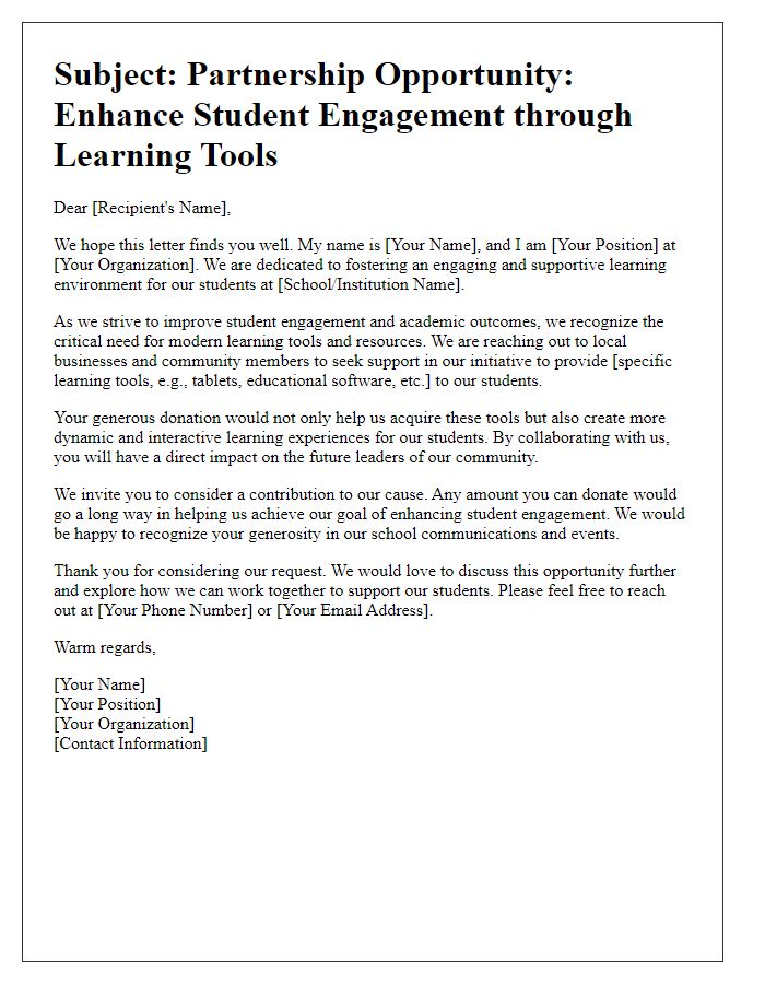 Letter template of outreach for donating learning tools to improve student engagement.