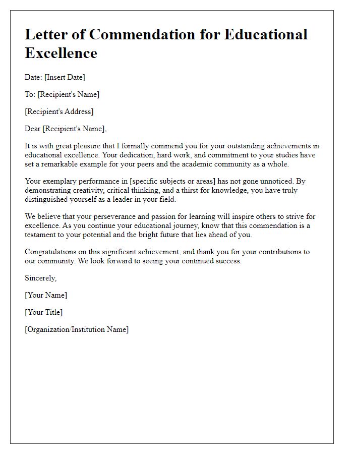 Letter template of Commendation for Educational Excellence