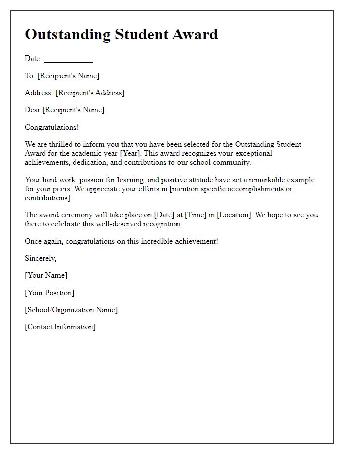 Letter template of Outstanding Student Award