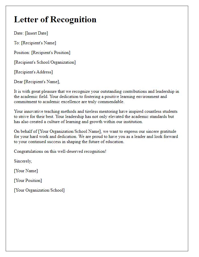 Letter template of Recognition for Leadership in Academics