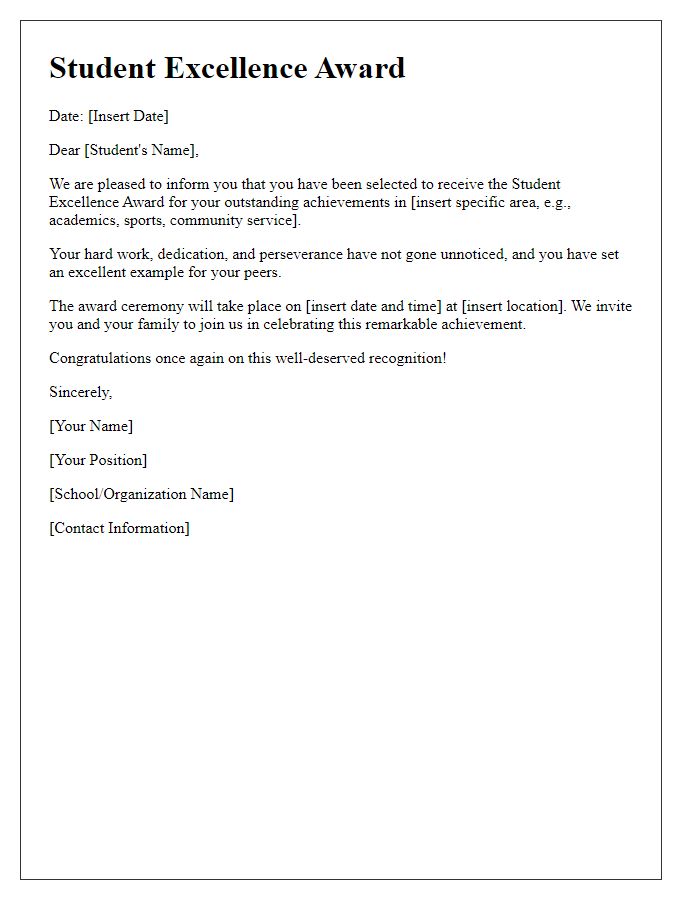 Letter template of Student Excellence Award