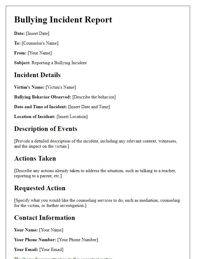 Letter template of bullying incident report for counseling services