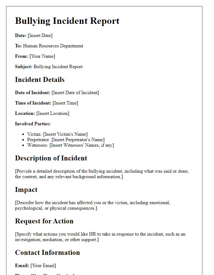 Letter template of bullying incident report for human resources