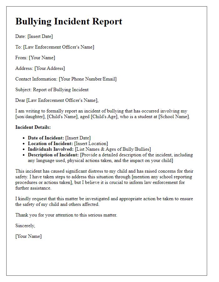 Letter template of bullying incident report for law enforcement