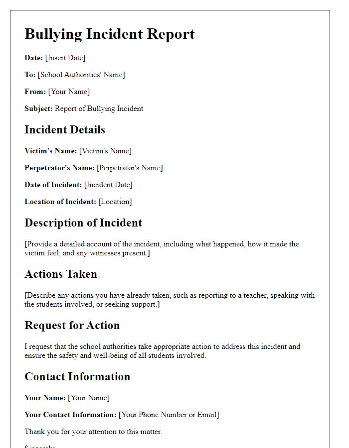 Letter template of bullying incident report for school authorities