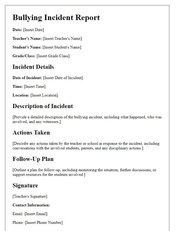 Letter template of bullying incident report for teachers