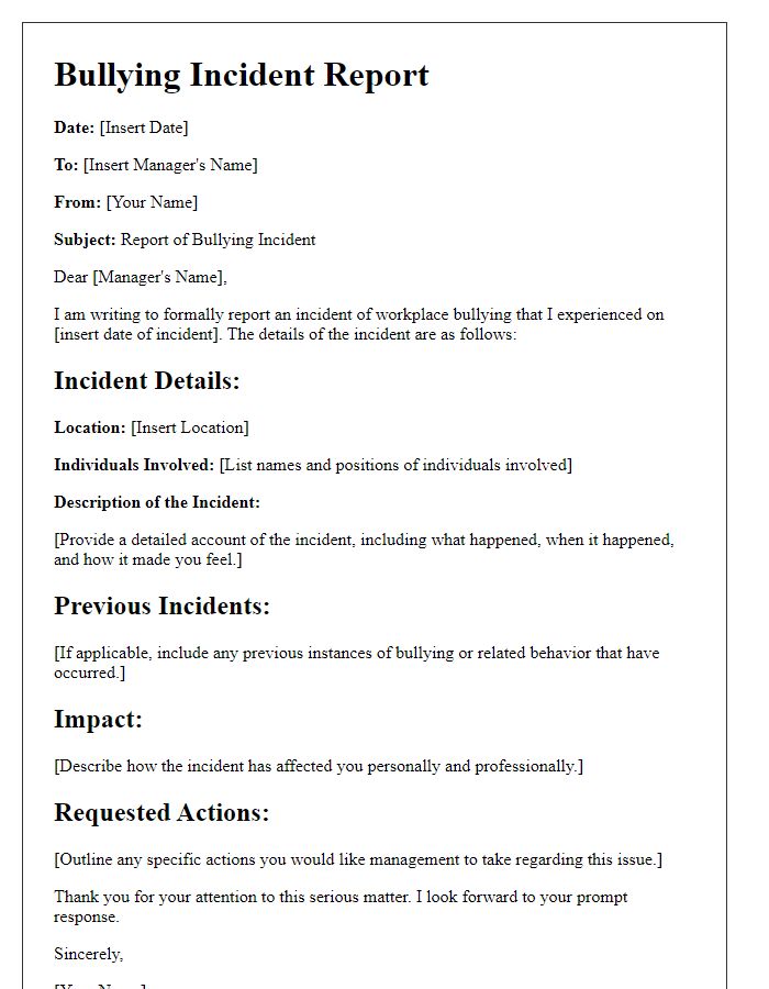 Letter template of bullying incident report for workplace management