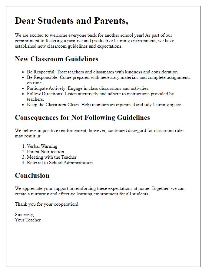 Letter template of advisory for new classroom guidelines and expectations