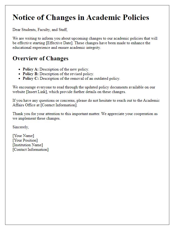 Letter template of communication regarding changes in academic policies