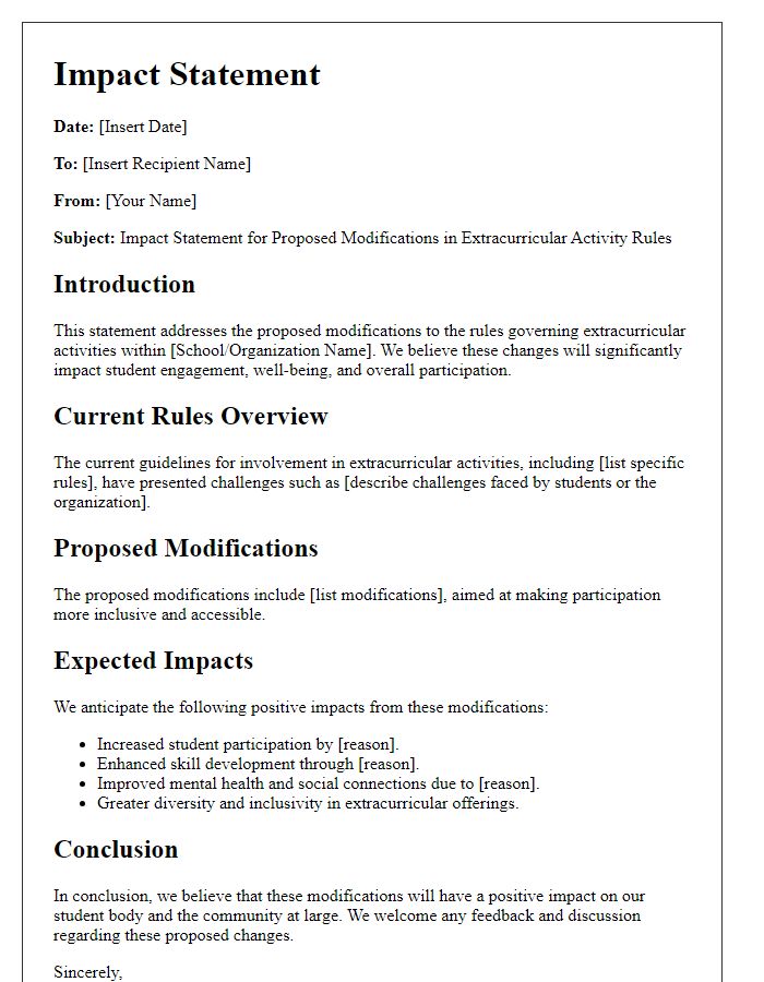 Letter template of impact statement for modifications in extracurricular activity rules