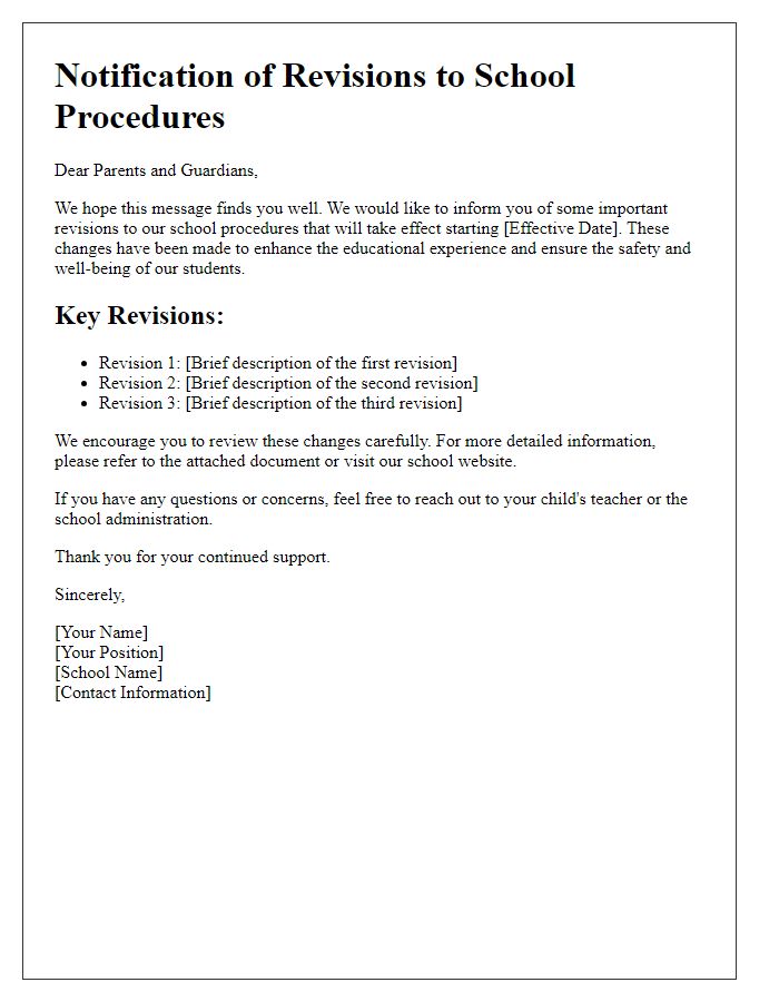 Letter template of notification about revisions to school procedures