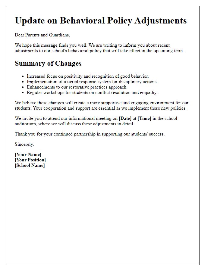 Letter template of update on behavioral policy adjustments at school