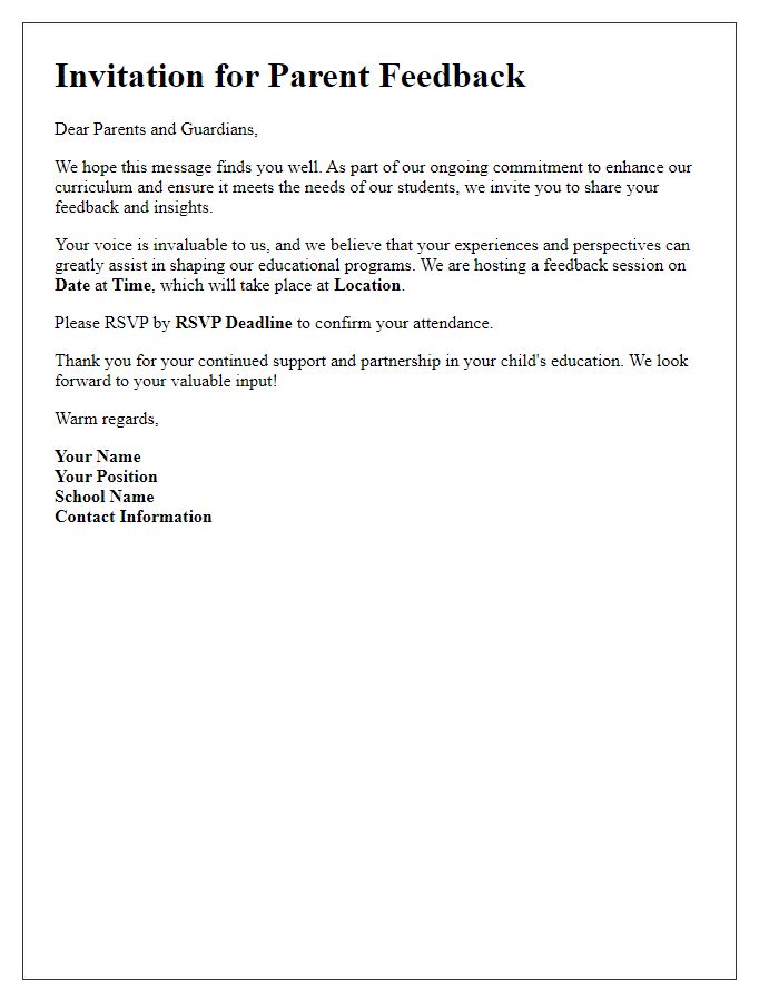 Letter template of Invitation for Parent Feedback on Curriculum Development