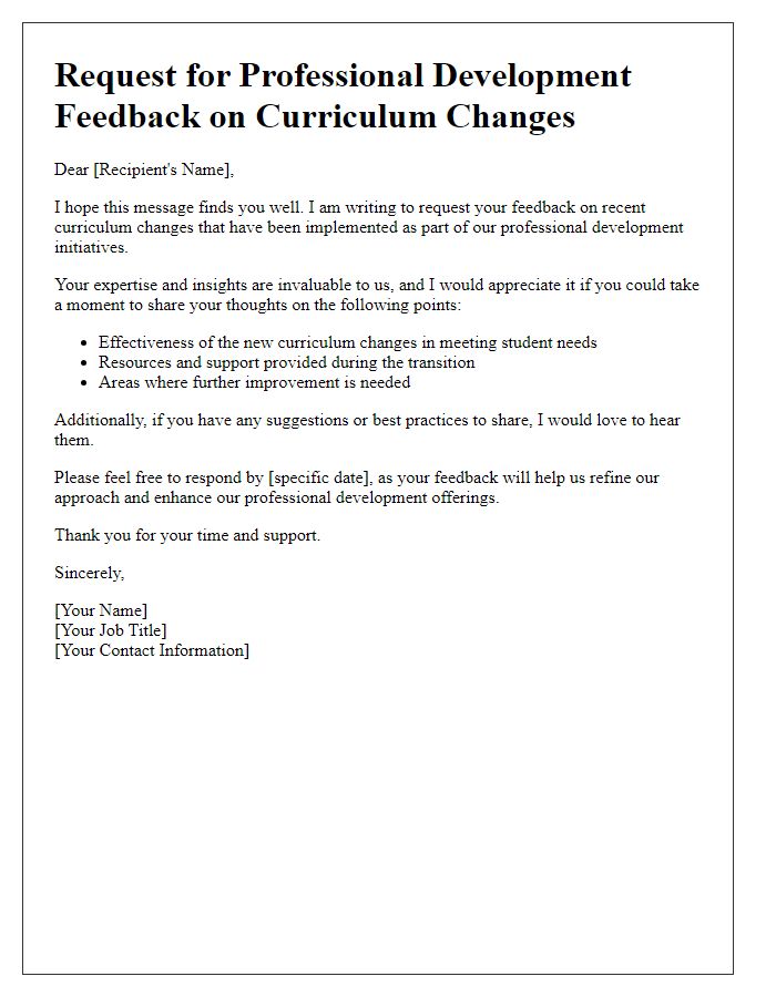 Letter template of Request for Professional Development Feedback on Curriculum Changes