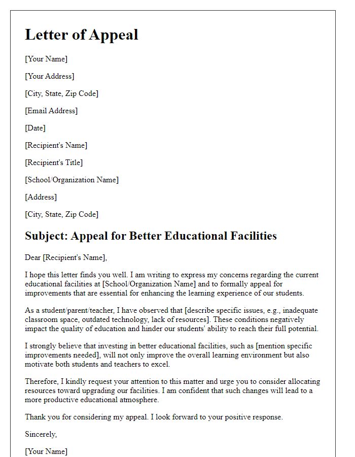 Letter template of appeal for better educational facilities