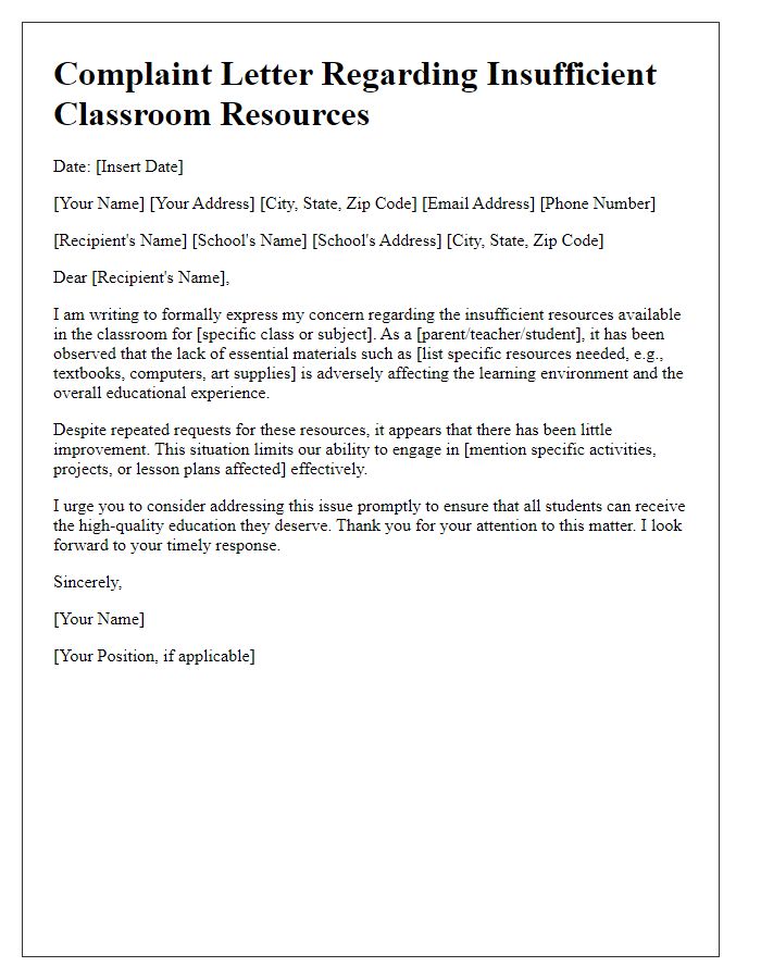 Letter template of complaint about insufficient classroom resources