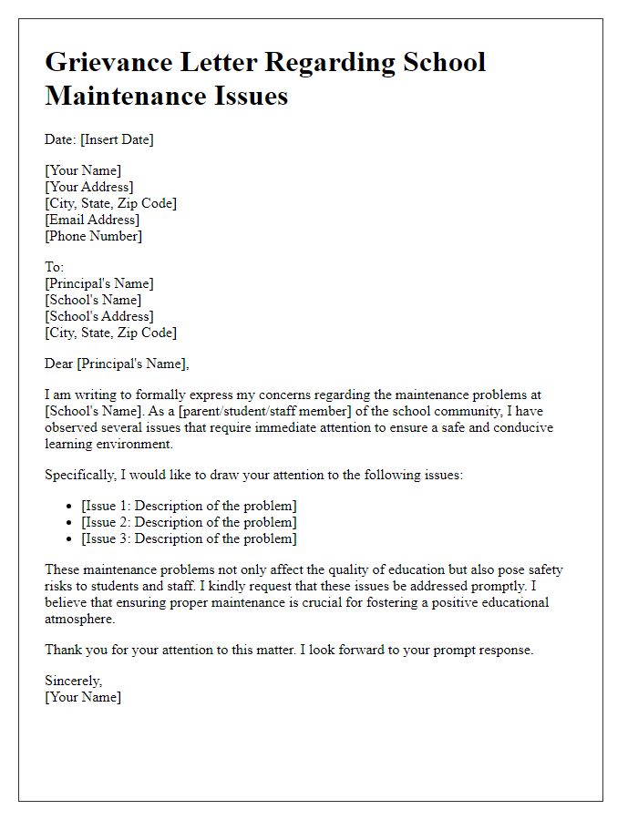 Letter template of grievance related to school maintenance problems