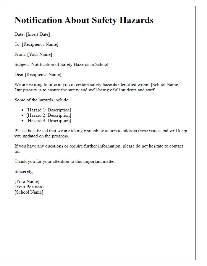 Letter template of notification about safety hazards in school