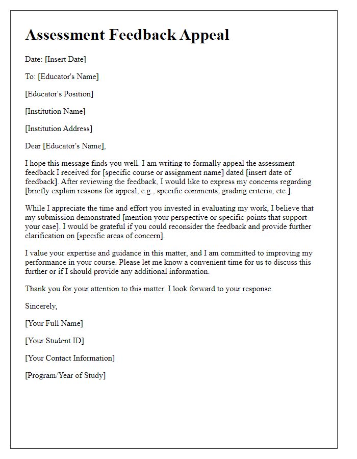 Letter template of assessment feedback appeal for educators.